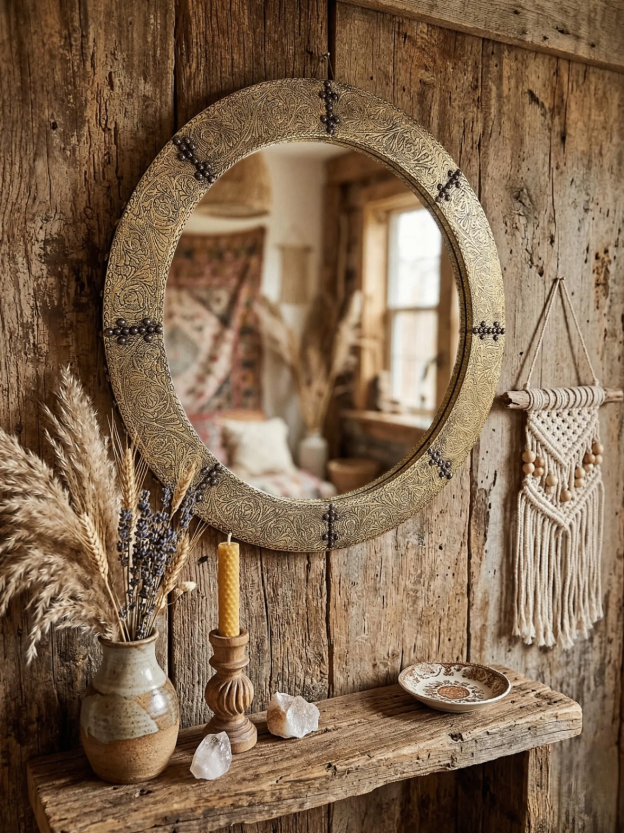 Saraya Embossed Brass Mirror